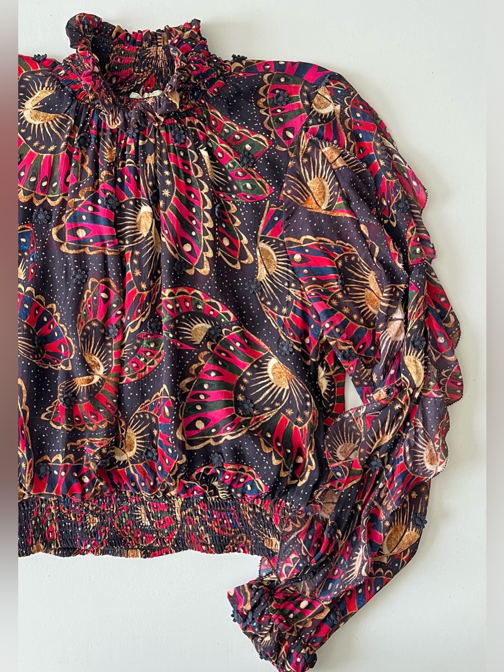 FARM Rio Black Pink Gold Printed Ruffle-Neck Blouse - Picture 6 of 15